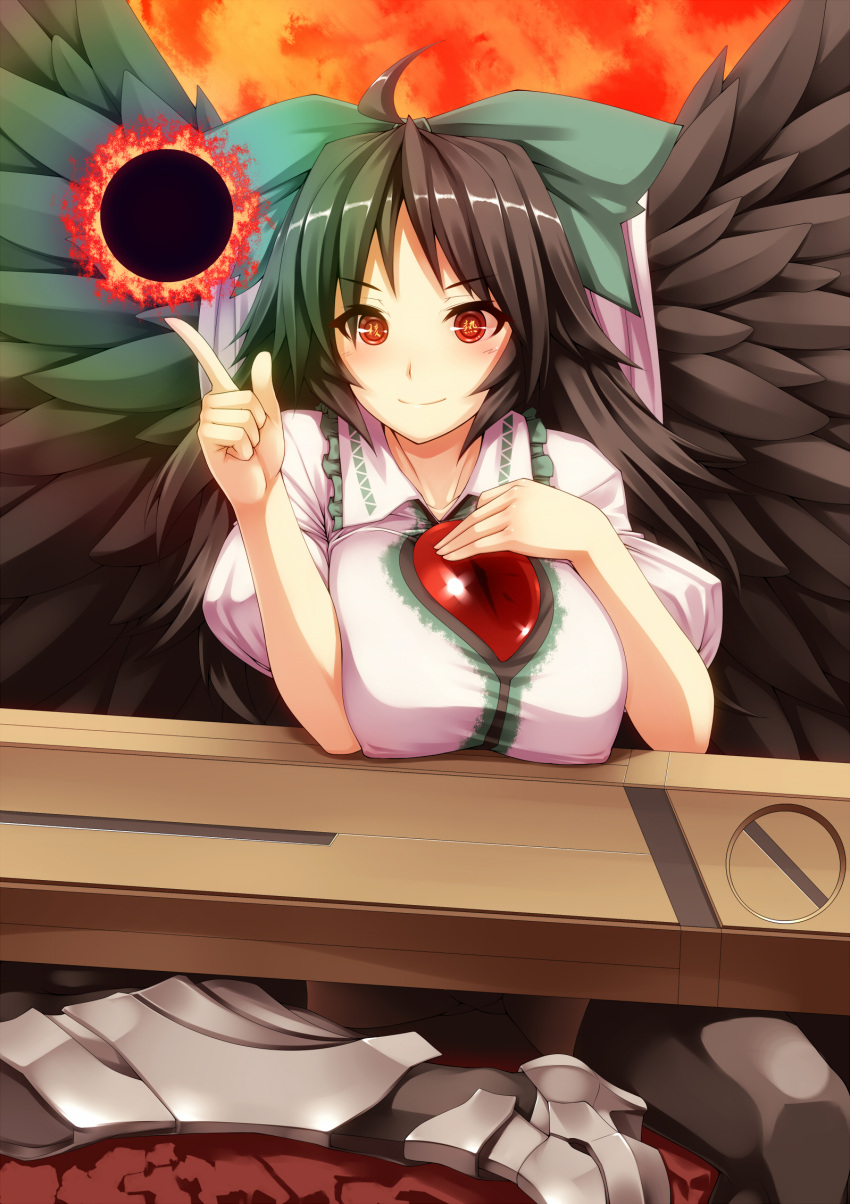 arm_cannon bad_anatomy black_sun bow breast_rest breasts brown_hair cape hair_bow highres large_breasts long_hair red_eyes reiuji_utsuho skirt solo sun symbol-shaped_pupils third_eye touhou translated translation_request tro weapon
