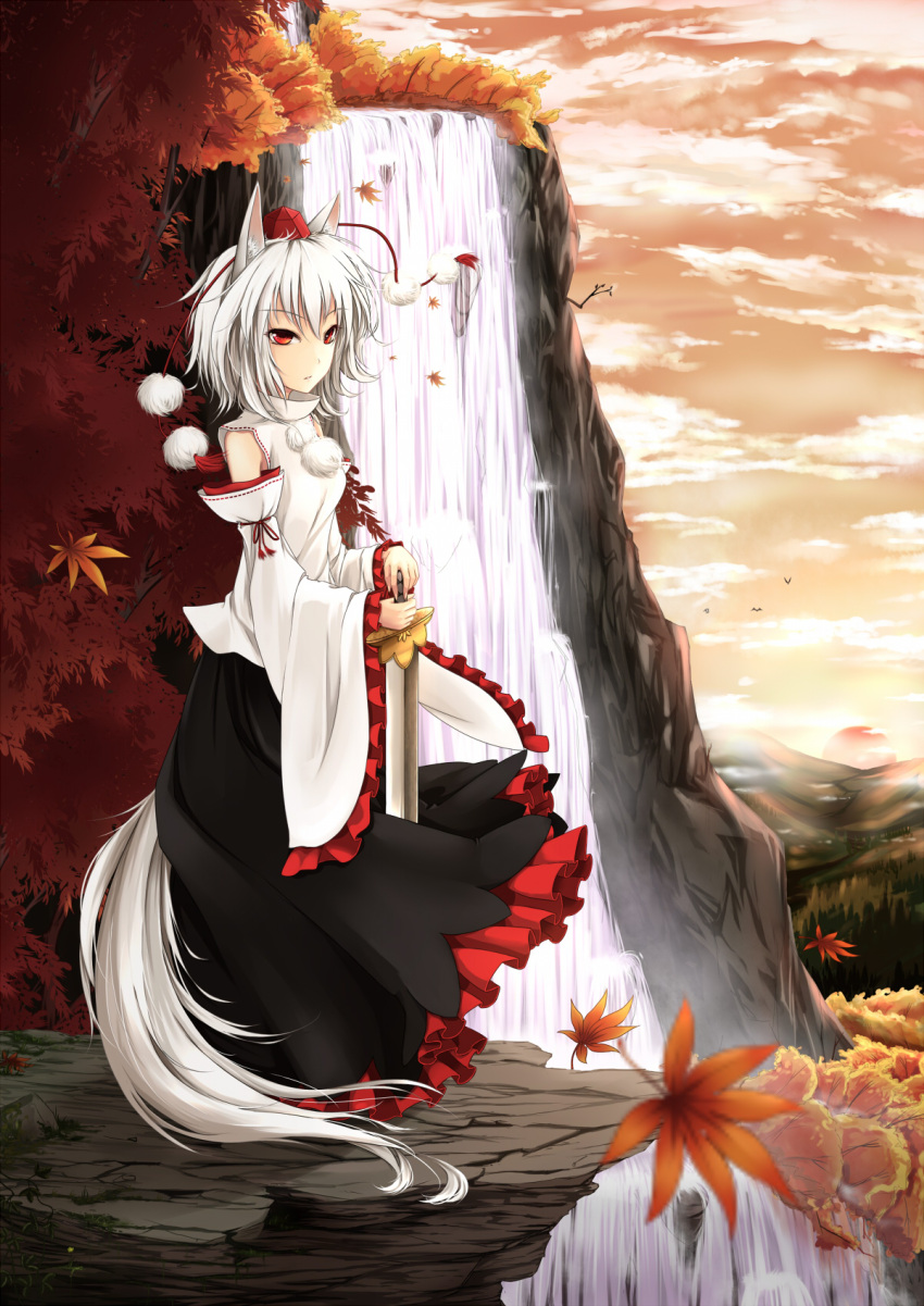 animal_ears bare_shoulders detached_sleeves hat highres inubashiri_momiji leaf red_eyes short_hair silver_hair skirt solo sword tail tokin_hat touhou tree water waterfall weapon wolf_ears wolf_tail zzz36951