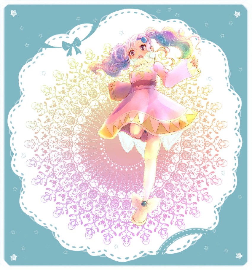 bow curly_hair dress hair_ornament highres leg_up long_hair meredy pantyhose pink_dress pink_eyes purple_eyes purple_hair shiichi shoes skirt solo tales_of_(series) tales_of_eternia twintails violet_eyes white_legwear