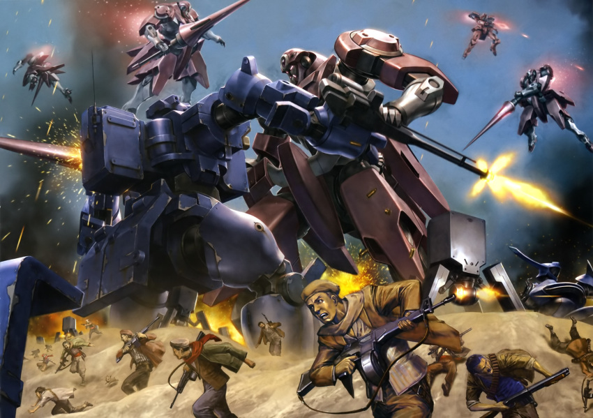 ahead ammunition_belt animal assault_rifle battle beam_rifle beret blue_sky brown_hair buckle carrying casing_ejection combat_boots damaged desert drum_magazine enact falling fire firing flying glowing glowing_eyes gn-x_iii gun gundam gundam_00 hat highres jacket lance light_particles machine_gun mecha multiple_boys muzzle_flash pants polearm rifle running sash scarf shell_casing shirt shoes short_hair shotgun sky sling smoke soldier sparks stabbing tieren war weapon