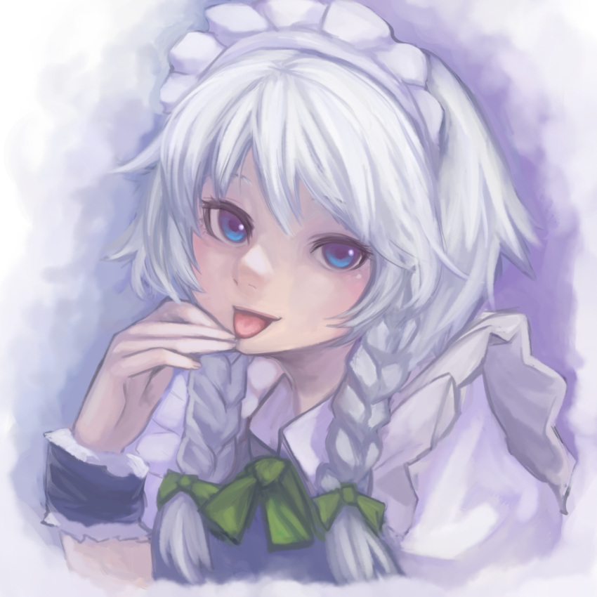:p ascot blue_eyes braid bukimi_isan bust face hand_to_mouth head_tilt highres izayoi_sakuya looking_at_viewer maid maid_headdress solo tongue tongue_out touhou twin_braids white_hair wristband