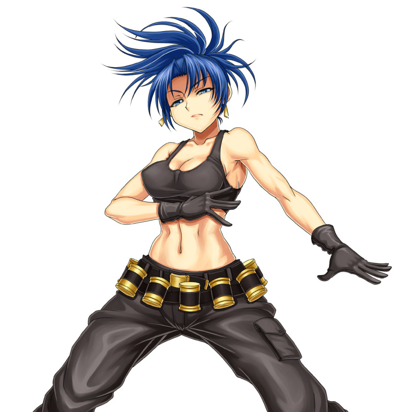 bandolier black_gloves blue_eyes blue_hair breasts cleavage crop_top earrings explosive fighting_stance gloves grenade jewelry king_of_fighters leona_heidern long_hair midriff muscle navel pants ponytail shunzou snk solo tank_top toned
