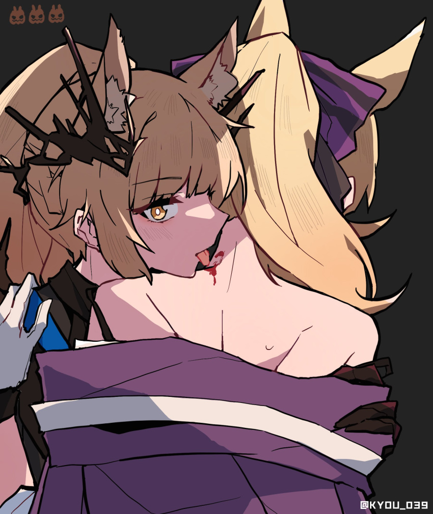 2girls animal_ear_fluff arknights aunt_and_niece bangs bare_shoulders biting black_background black_gloves blemishine_(arknights) blemishine_(moon_catastrborn)_(arknights) blonde_hair blood bow bright_pupils eyebrows_visible_through_hair gloves hair_bow hair_ornament hand_on_another's_shoulder highres horns incest kyou_039 long_hair multiple_girls nape neck_biting off_shoulder official_alternate_costume ponytail pulled_by_self purple_bow simple_background tongue tongue_out twitter_username upper_body whislash_(arknights) whislash_(glory_purple)_(arknights) white_gloves yellow_eyes