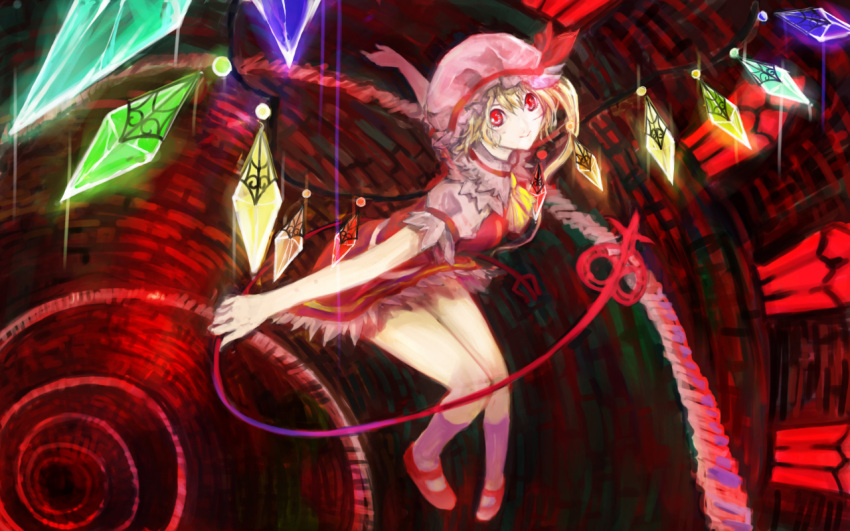crystal dress flandre_scarlet flying glowing hat hat_ribbon holding kneehighs laevatein legs ll.ee. outstretched_arms red red_eyes ribbon shoes short_hair short_sleeves smile socks solo spread_arms stairs touhou tower wallpaper weapon window wings