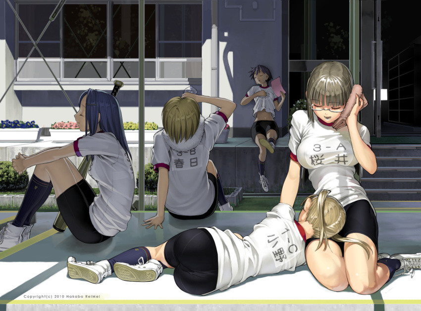 ass bangs baseball_bat bike_shorts blonde_hair blue_hair blunt_bangs breasts brown_hair closed_eyes exhausted glasses gym_uniform hair_ornament hairclip lap_pillow large_breasts lying multiple_girls nakaba_reimei on_side open_mouth original shade shiny shiny_hair sitting towel twintails