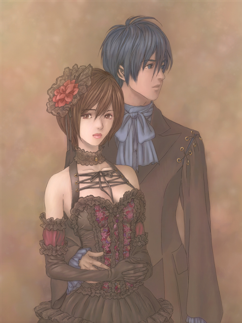 1boy 1girl blue_eyes blue_hair brown_eyes brown_hair coat corset couple elbow_gloves eyebrows_visible_through_hair flower frills gloves gothic gothic_lolita hair_flower hair_ornament hata_hata highres kaito lolita_fashion meiko short_hair vocaloid