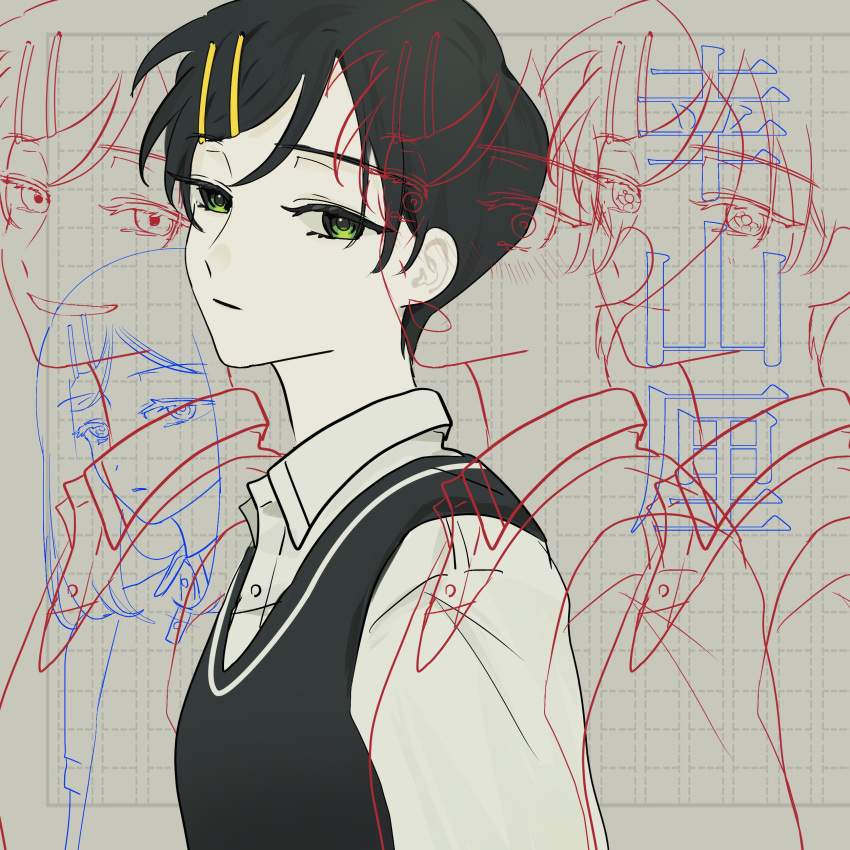 1girl :o :| absurdres aged_down black_hair black_sweater_vest blush breasts character_name closed_mouth collared_shirt commentary_request dress_shirt futsuu_no_keion-bu green_eyes grid_background hair_ornament hairclip highres kouyama_rin lineart long_hair multiple_views parallel_hairclips pixie_cut qrioic74 shirt short_hair small_breasts smug sweater_vest upper_body white_shirt wing_collar