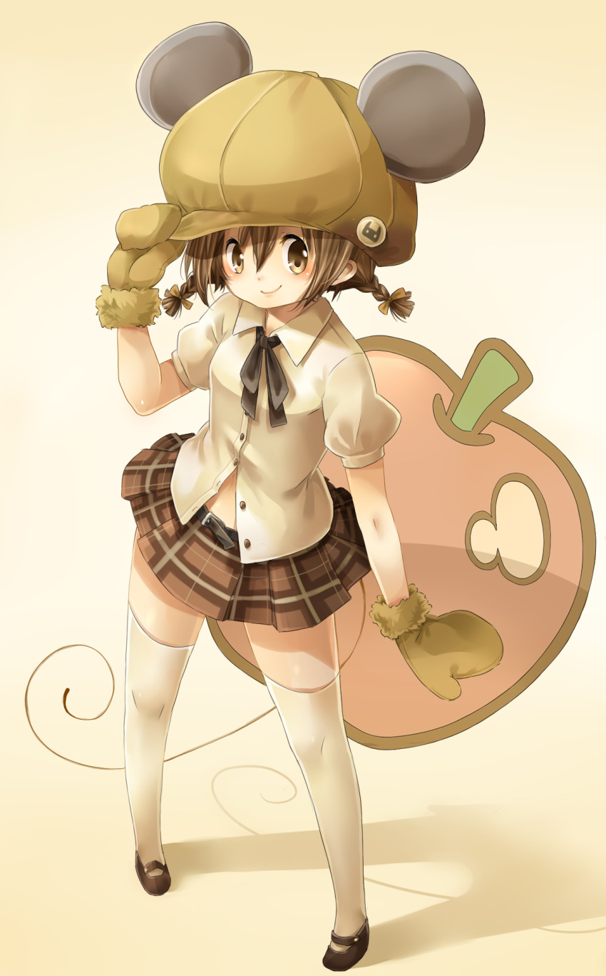 brown_hair gloves hat highres mouse_ears mouse_tail rojiko short_hair solo tail thigh-highs thighhighs