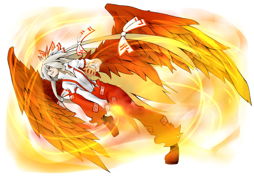 bow chankodining chankodining_waka fujiwara_no_mokou grin hair_bow highres long_hair red_eyes silver_hair smile solo suspenders touhou transparent_background wings