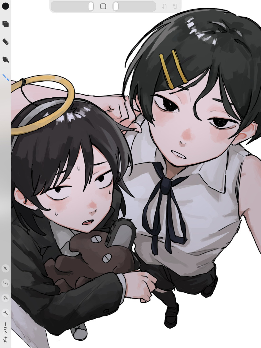 2girls angel_devil_(chainsaw_man) angel_devil_(chainsaw_man)_(cosplay) art_program_in_frame black_eyes black_hair black_jacket black_ribbon chainsaw_man collared_shirt commentary_request cosplay fake_halo foreshortening from_above futsuu_no_keion-bu hair_ornament hairclip halo hatono_chihiro highres jacket kouyama_rin kusakabe_(kskb_e) looking_at_viewer multiple_girls neck_ribbon parallel_hairclips parted_lips pixie_cut procreate_(software) reze_(chainsaw_man) reze_(chainsaw_man)_(cosplay) ribbon sanpaku self-doubt_animal_(futsuu_no_keion-bu) shirt short_hair sleeveless sleeveless_shirt standing suit_jacket sweat white_background white_shirt