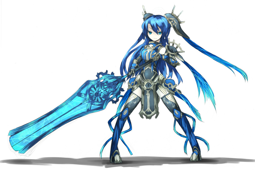 blue_eyes blue_hair highres long_hair original shirogane_usagi solo sword thigh-highs thighhighs twintails weapon
