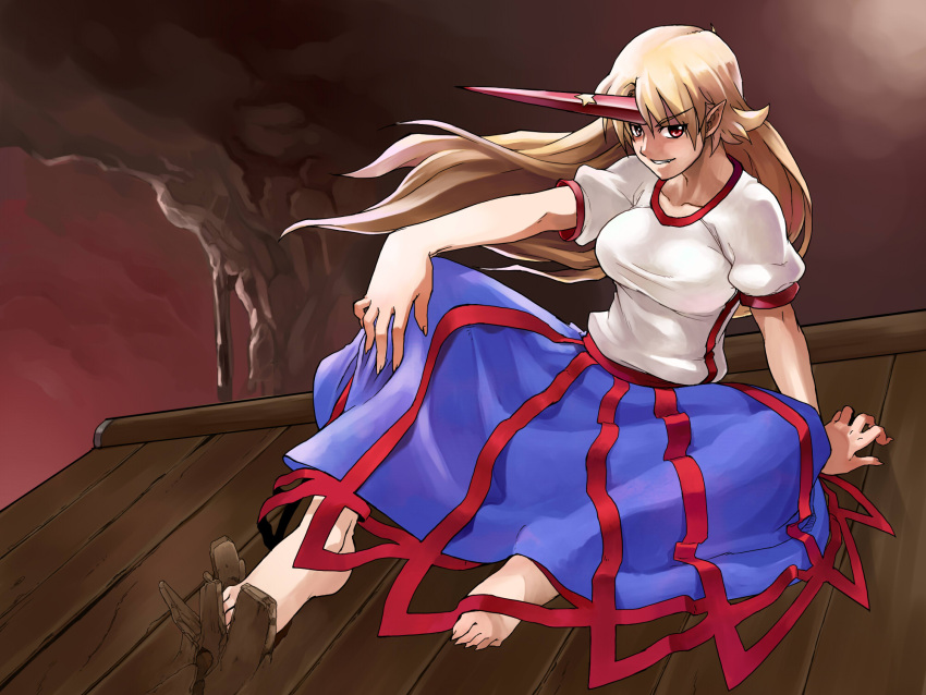 blonde_hair chain chains feet fenne hands highres horn horns hoshiguma_yuugi long_hair long_skirt phenne pointy_ears red_eyes sitting skirt touhou