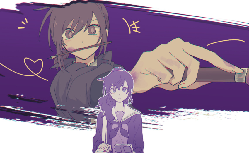 2girls akisan_(prsk_ak1) asahina_mafuyu bag black_jacket blush box braid brown_eyes brown_hair closed_mouth dot_nose hair_between_eyes hair_ornament hair_scrunchie heart heart_of_string high_collar holding holding_box holding_paintbrush jacket long_hair long_sleeves looking_at_viewer mouth_hold multiple_girls neckerchief outstretched_arm paintbrush painting_(action) ponytail project_sekai projected_inset purple_hair purple_jacket purple_neckerchief purple_theme sailor_collar scrunchie shinonome_ena short_hair shoulder_bag side_braid sidelocks straight-on swept_bangs upper_body violet_eyes white_bag white_sailor_collar