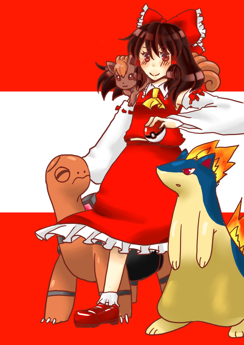 1girl bad_id crossover hakurei_reimu highres poke_ball pokemon pokemon_(creature) quilava torkoal touhou vulpix