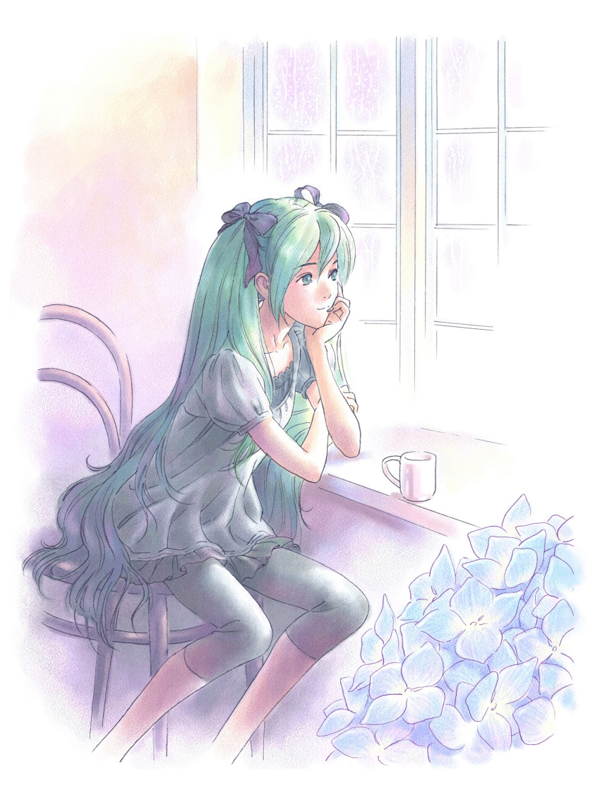 aqua_eyes aqua_hair black_legwear casual chair chin_rest cup hata_hata hatsune_miku highres leggings long_hair mug sitting smile solo twintails vocaloid window