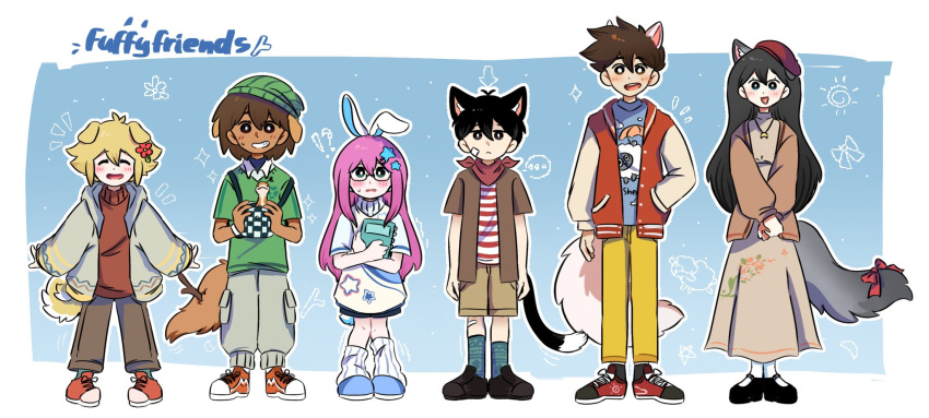 alternate_universe animal_ears aubrey_(faraway)_(omori) aubrey_(omori) ball bandaid bandaid_on_cheek bandaid_on_face bandana bandana_around_neck basil_(faraway)_(omori) basil_(omori) beanie beret bespectacled black_hair blonde_hair book bow brown_dress brown_hair brown_jacket brown_pants cargo_pants cat_boy cat_ears cat_tail closed_eyes commentary dark-skinned_male dark_skin dog_boy dog_ears dog_tail dress expressionless glasses green_hat grin hair_ornament hand_in_pocket hat hero_(headspace)_(omori) hero_(omori) highres holding holding_ball holding_book jacket jewelry kel_(faraway)_(omori) kel_(omori) kemonomimi_mode letterman_jacket long_dress mari_(faraway)_(omori) mari_(omori) necklace ni12345670 omori open_mouth pants pink_hair rabbit_ears rabbit_girl rabbit_tail red_bandana red_hat red_sweater ribbed_socks shirt shoes smile sneakers star_(symbol) star_hair_ornament striped_clothes striped_shirt sunny_(omori) sweater tail tail_bow tail_ornament tilted_headwear turtleneck turtleneck_sweater white_sweater wolf_boy wolf_ears wolf_girl wolf_tail