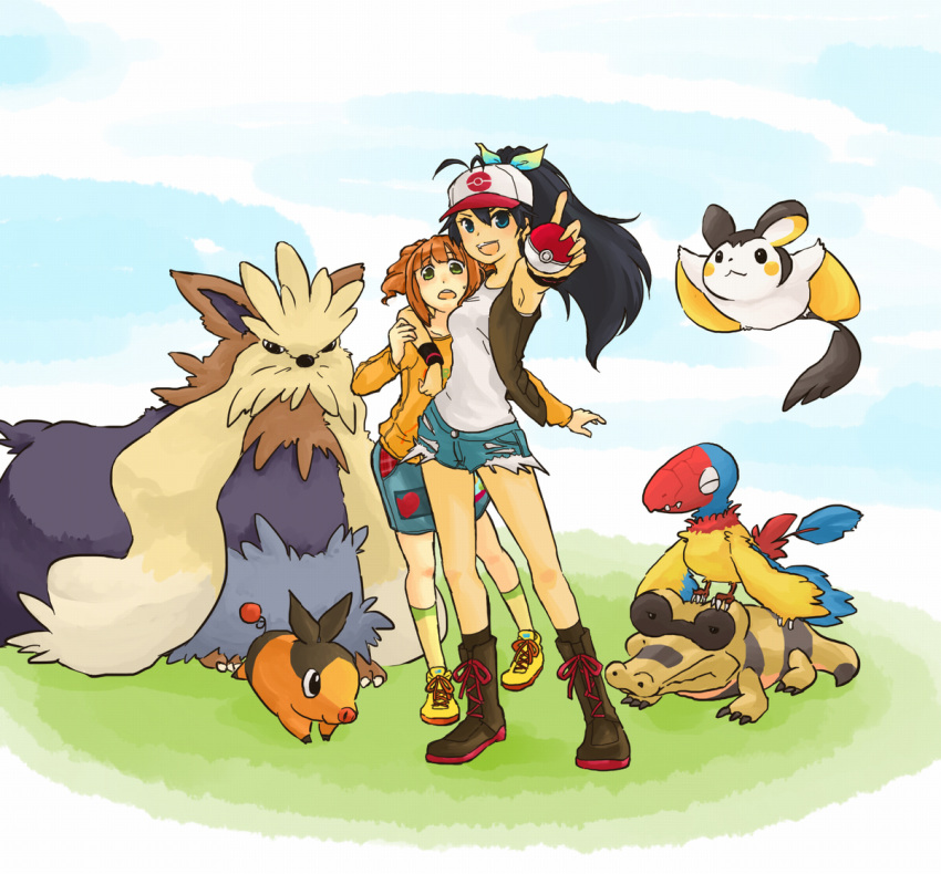 2girls archen baseball_cap bird black_hair boots cap cosplay crocodile crocodilian denim denim_shorts emolga flying footwear ganaha_hibiki hat holding holding_poke_ball idolmaster kome-me long_hair miniskirt mouse multiple_girls orange_hair poke_ball pokemon pokemon_(creature) ponytail sandile shoes shorts skirt socks stoutland takatsuki_yayoi tepig touko_(pokemon) touko_(pokemon)_(cosplay) twintails vest