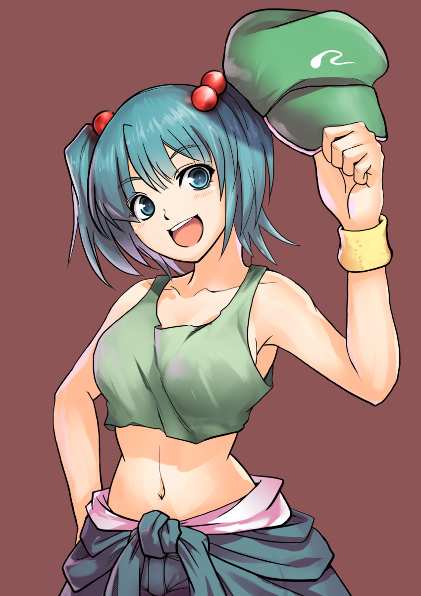 bare_shoulders blue_hair green_eyes hat highres kawashiro_nitori level.21 midriff navel short_hair solo tank_top touhou wristband