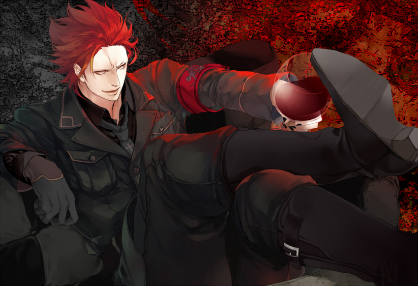 alternate_costume black black_pants black_shirt boots couch crossed_legs cup eustass_captain_kid gloves grin legs_crossed looking_away male nail_polish necktie one_piece pale_skin red red_eyes red_hair red_wine redhead sitting smile solo white_skin wine wine_glass xla009