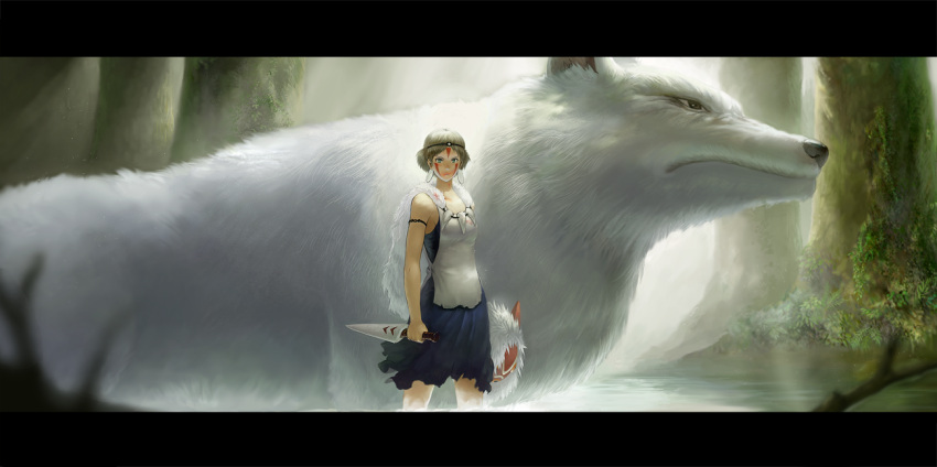 animal armband brown_hair cape earrings facepaint facial_mark female forest fur glaring headband ibn jewelry knife letterboxed looking_at_viewer mask mononoke_hime moro nature oversized_animal plant san scenery short_hair standing tree water weapon wolf