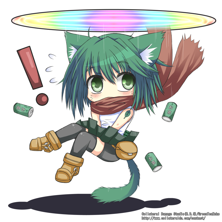 bike_shorts cat_ears cat_tail chibi green_eyes green_hair greenteaneko highres original scarf short_hair tail thigh-highs thighhighs transparent_background