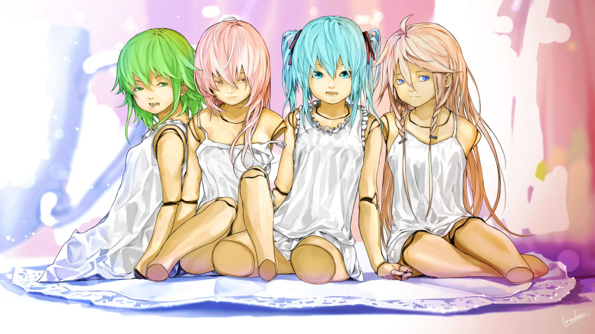 ahoge amputee aqua_eyes aqua_hair blue_eyes braid doll doll_joints dress green_eyes green_hair gumi hatsune_miku highres ia_(vocaloid) long_hair looking_at_viewer loundraw megurine_luka multiple_girls open_mouth pink_eyes pink_hair sitting smile twin_braids twintails vocaloid white_dress
