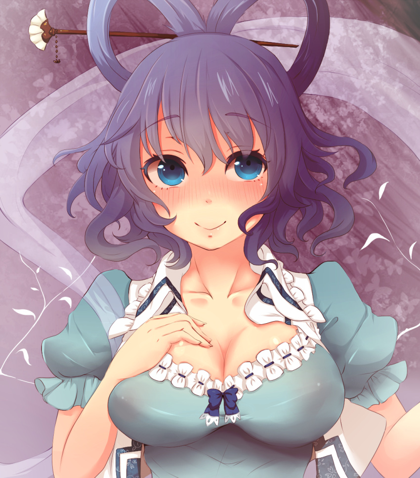 blue_eyes blue_hair breasts cleavage dress hair_rings hair_stick hand_on_own_chest highres kaku_seiga large_breasts maru_mr shawl smile solo touhou vest