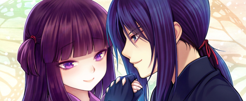 1girl bangs basilisk_(manga) blue_eyes blue_hair blunt_bangs byuune close-up couple eye_contact face gloves hand_holding happy holding_hands hotarubi light_smile looking_at_another ponytail purple_eyes purple_hair side_ponytail violet_eyes yashamaru