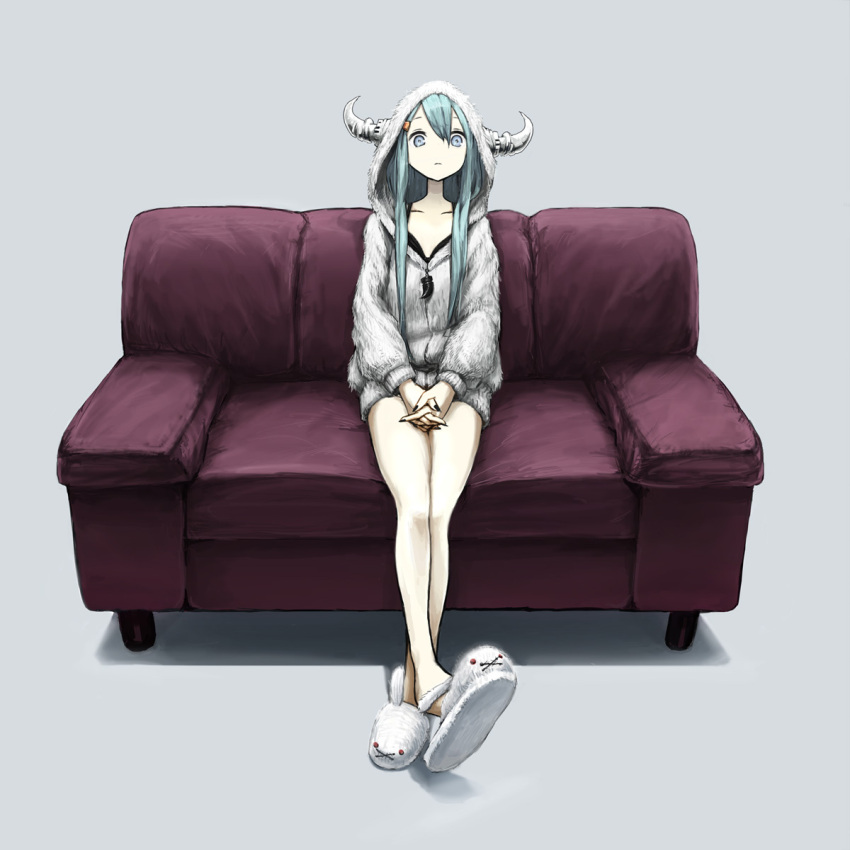 blue_eyes bunny couch hands_clapsed hands_clasped highres hoodie horns long_hair no_nose original rabbit sitting slippers toi_(number8)