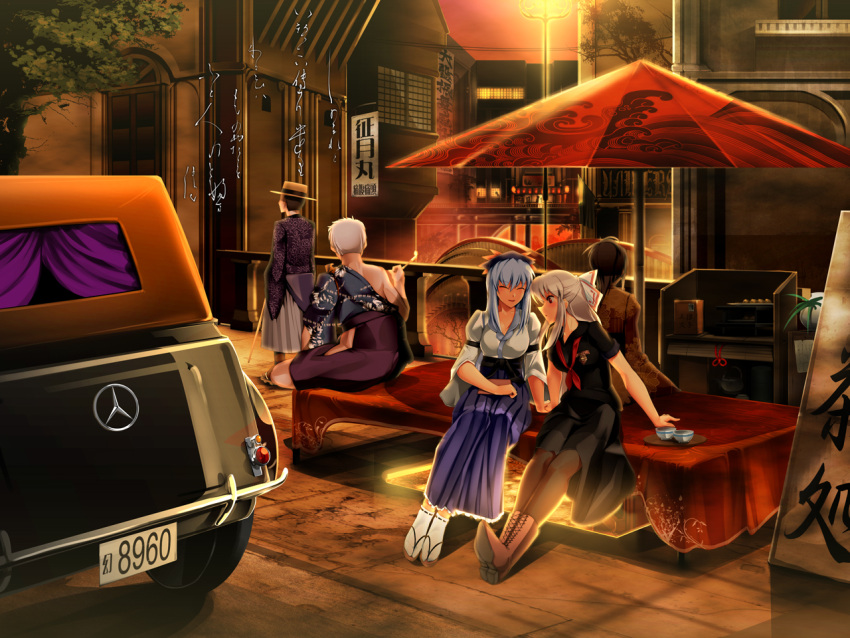 3girls alternate_costume black_hair blue_hair boots bow bowa bowl breasts bridge cane car contemporary cross-laced_footwear dress fujiwara_no_mokou hair_bow hat holding_hands japanese_clothes kamishirasawa_keine lace-up_boots long_hair mercedes-benz mercedes_(car) motor_vehicle multiple_boys multiple_girls obi open_mouth pantyhose poem red_eyes silver_hair sitting skirt smile tabi tanka_(poetry) touhou translation_request tray umbrella vehicle white_hair