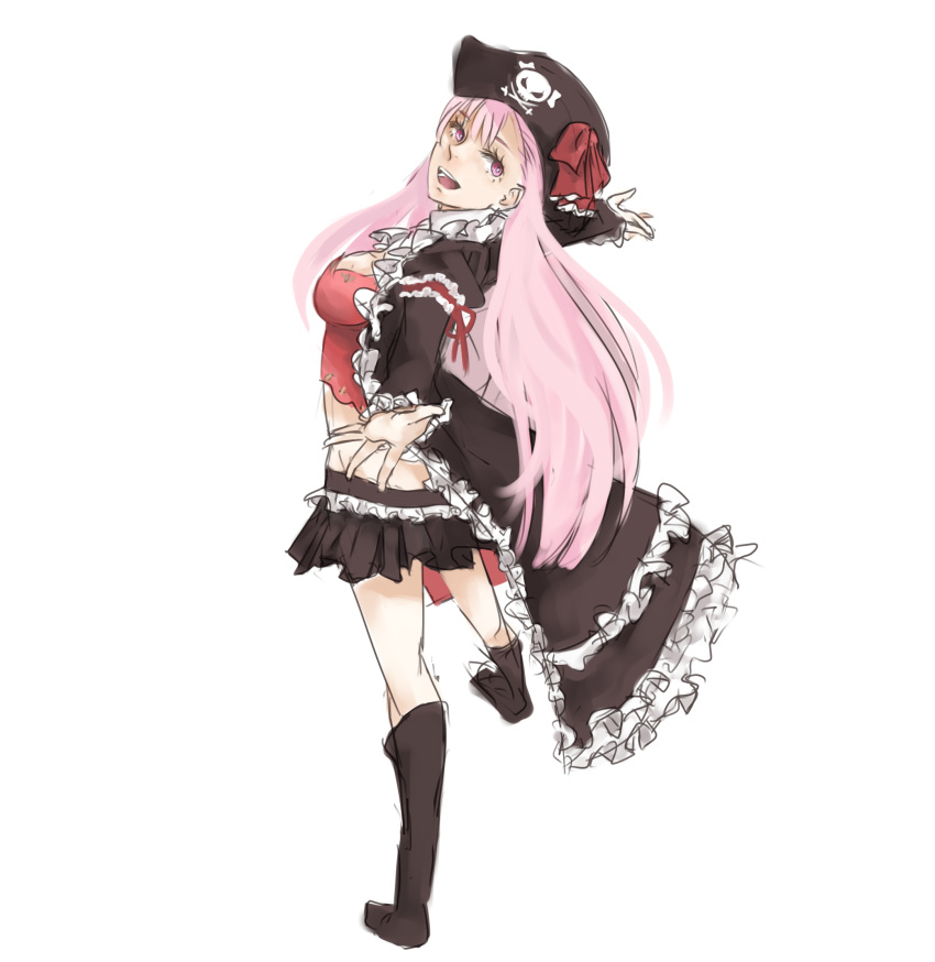 boots bow breasts bustier cape captain_liliana chibibro drawfag frills hat hat_bow highres jolly_roger knee_boots long_hair midriff miniskirt pink_eyes pink_hair pirate_hat pleated_skirt queen's_blade queen's_blade_rebellion queen's_blade queen's_blade_rebellion skirt skull_and_crossbones skull_and_crossed_swords solo very_long_hair