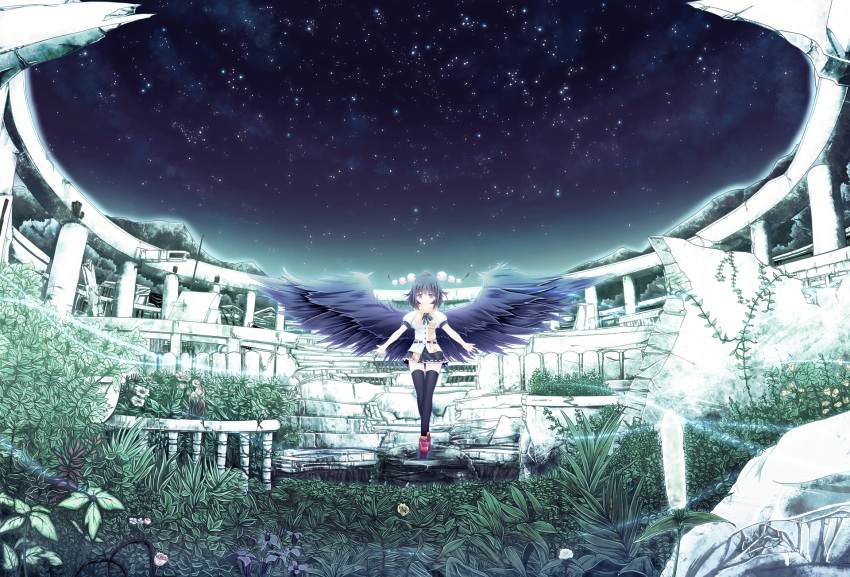 black_hair black_legwear black_wings geta hat highres large_wings mountain nature night night_sky outstretched_arms ruins scenery shameimaru_aya skirt sky solo spread_arms star_(sky) starry_sky thigh-highs thighhighs tokin_hat touhou windfeathers wings zettai_ryouiki