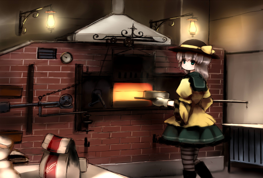blouse boots cake chipika cooking dress flour food green_dress green_eyes green_hair hat highres komeiji_koishi looking_back oven oven_mitts short_hair skirt solo standing striped striped_legwear thigh-highs thighhighs touhou
