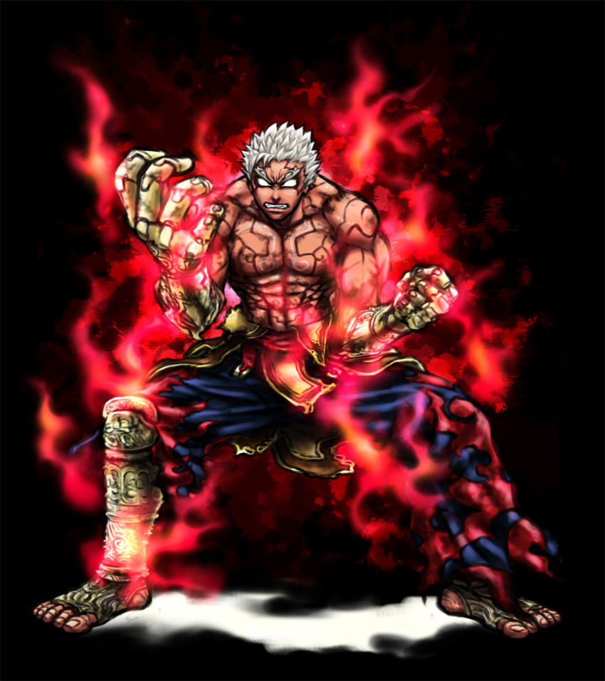 1boy angry asura asura's_wrath asura's_wrath asura_(asura's_wrath) aura capcom clenched_hand eyebrows f-15jrs fist gloves highres male no_pupils pants shin_guards tattoo teeth white_hair