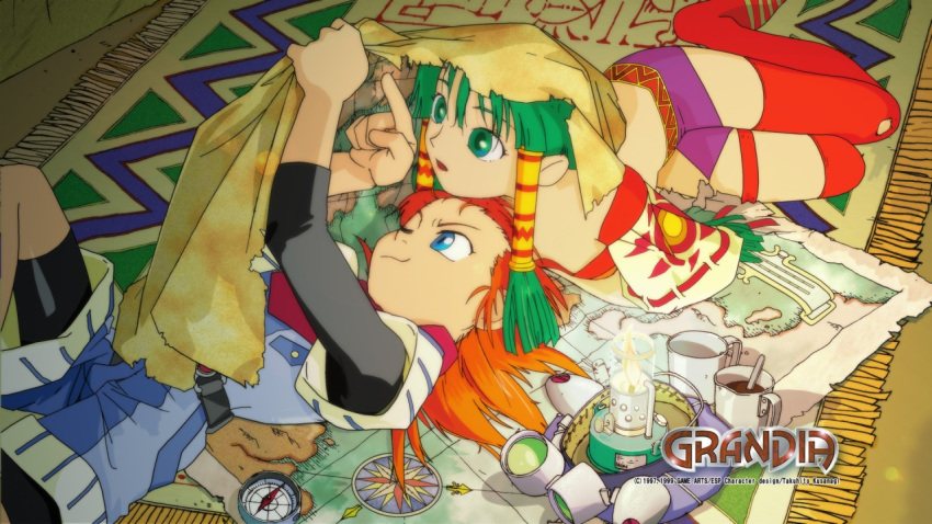 1280x720 1999 1boy 1girl 90s blue_eyes candle carpet compass cup feena grandia grandia_i green_eyes green_hair hair_tubes hat hat_removed headwear_removed hontani_toshiaki justin lying map miniskirt on_back on_stomach orange_hair pointing skirt striped striped_legwear teacup tent thigh-highs thighhighs wallpaper wink