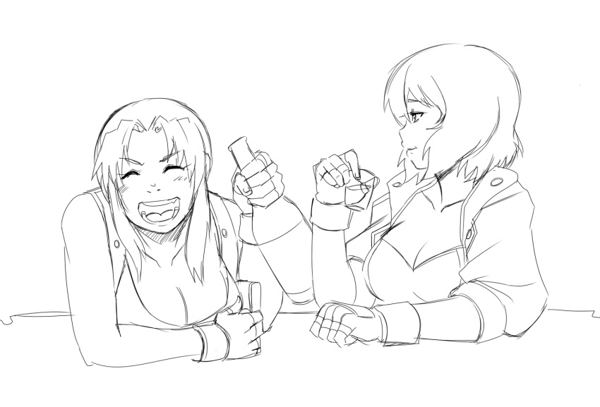 bar bare_shoulders black_lagoon bottle breasts cleavage crossover drawfag drinking fang fingerless_gloves ghost_in_the_shell gloves highres holster jacket kekekeke kusanagi_motoko large_breasts laughing lineart monochrome multiple_girls payot revy short_hair shot_glass sketch sleeves_rolled_up work_in_progress