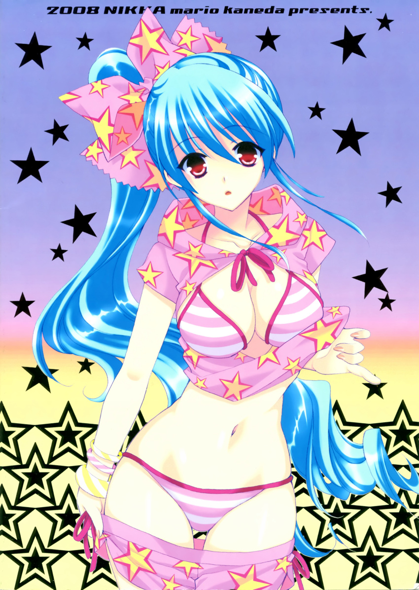 2008 absurdres bare_shoulders bikini blue_hair bow bracelet breasts cleavage female fingernails hair_bow halterneck highres jewelry long_hair looking_at_viewer mario_kaneda nail_polish navel open_clothes open_shirt original pants_pull pink_bikini red_eyes side_ponytail solo star_print striped striped_bikini striped_swimsuit swimsuit very_long_hair