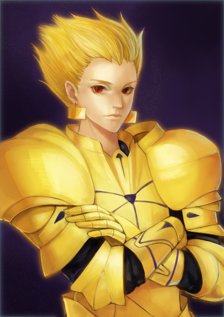 armor blonde_hair crossed_arms earrings fate/stay_night fate_(series) gilgamesh highres jewelry male realistic rebecca_7478 red_eyes short_hair star_(sky)