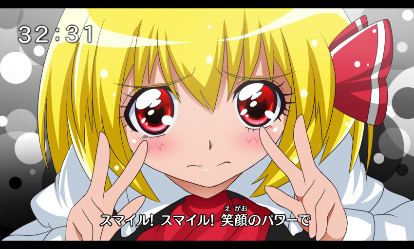 arms_up ascot black_dress blonde_hair blush bust clock clockshow cure_peace_pose double_v dress face fake_screenshot hair_ribbon letterboxed parody posing precure red_eyes ribbon rumia shinekalta shirt short_hair smile_precure! solo tears the_embodiment_of_scarlet_devil touhou translated translation_request v victory_pose wavy_mouth youkai