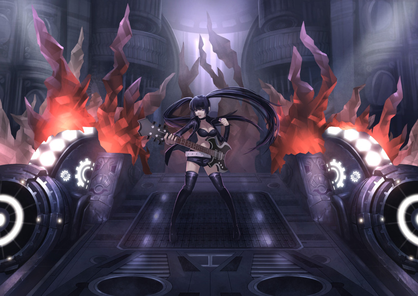 belt bikini_top black_hair black_legwear black_rock_shooter black_rock_shooter_(character) boots breasts catwyz cleavage cropped_jacket gears guitar instrument jacket long_hair looking_at_viewer machinery open_mouth purple_eyes short_shorts shorts solo structure thigh-highs thigh_boots thighhighs twintails very_long_hair violet_eyes
