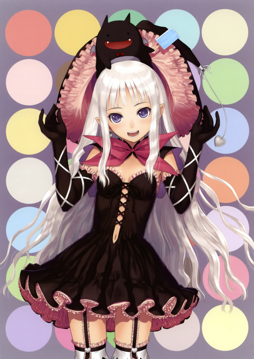 :d absurdres black_dress black_gloves bow dress earrings elbow_gloves elf flat_chest garter_straps gloves hat hat_removed headwear_removed heart heart_earrings highres jewelry long_hair looking_at_viewer melty_(shining_hearts) monster navel open_mouth pointy_ears popsicle purple_eyes shining_(series) shining_hearts silver_hair smile solo sorbe_(shining_hearts) strapless_dress taka_tony tanaka_takayuki thigh-highs thighhighs very_long_hair violet_eyes witch_hat