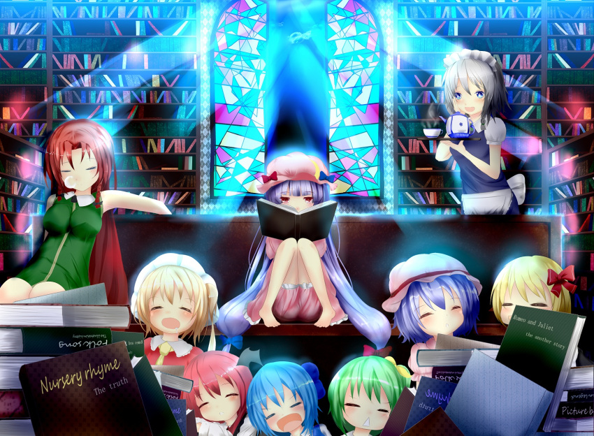 :&lt; =_= ^_^ artist_request ascot bare_legs barefoot blonde_hair blue_eyes blue_hair book bookshelf braid child cirno closed_eyes couch crescent cup daiyousei dress drooling english everyone eyes_closed flandre_scarlet green_hair grey_hair hair_ribbon hat head_wings highres hong_meiling izayoi_sakuya kitamuraeri koakuma library long_hair maid maid_headdress multiple_girls nose_bubble open_mouth patchouli_knowledge purple_hair reading red_eyes red_hair remilia_scarlet ribbon rumia short_hair side_ponytail sleeping stained_glass star star-shaped_pupils symbol-shaped_pupils teacup teapot the_embodiment_of_scarlet_devil touhou twin_braids very_long_hair voile youkai