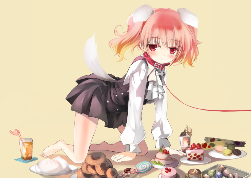 all_fours animal_ears barefoot bdsm blush bondage cake candy cherry collar cravat dog_collar dog_ears dog_tail doughnut dress dumpling food fruit fuyouchu highres inu_x_boku_ss kemonomimi_mode lollipop long_sleeves name_tag open_mouth package pink_eyes pink_hair rope roromiya_karuta short_hair simple_background slave snack snacks solo straw tail twintails water