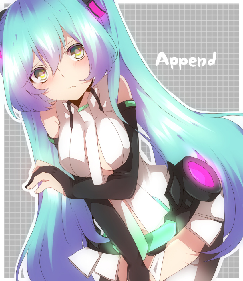 aqua_hair belt blush breast_hold breasts bridal_gauntlets elbow_gloves fingerless_gloves gloves green_eyes hatsune_miku hatsune_miku_(append) highres long_hair looking_at_viewer miku_append mikumikudance necktie solo tori_no_karaage twintails very_long_hair vocaloid vocaloid_(tda-type_ver) vocaloid_append