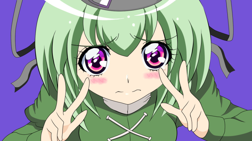 blush cure_peace_pose double_v dress green_dress green_hair hat long_sleeves ltd_border nervous parody precure purple_eyes short_hair simple_background smile_precure! soga_no_tojiko solo tate_eboshi tears touhou v victory_pose violet_eyes