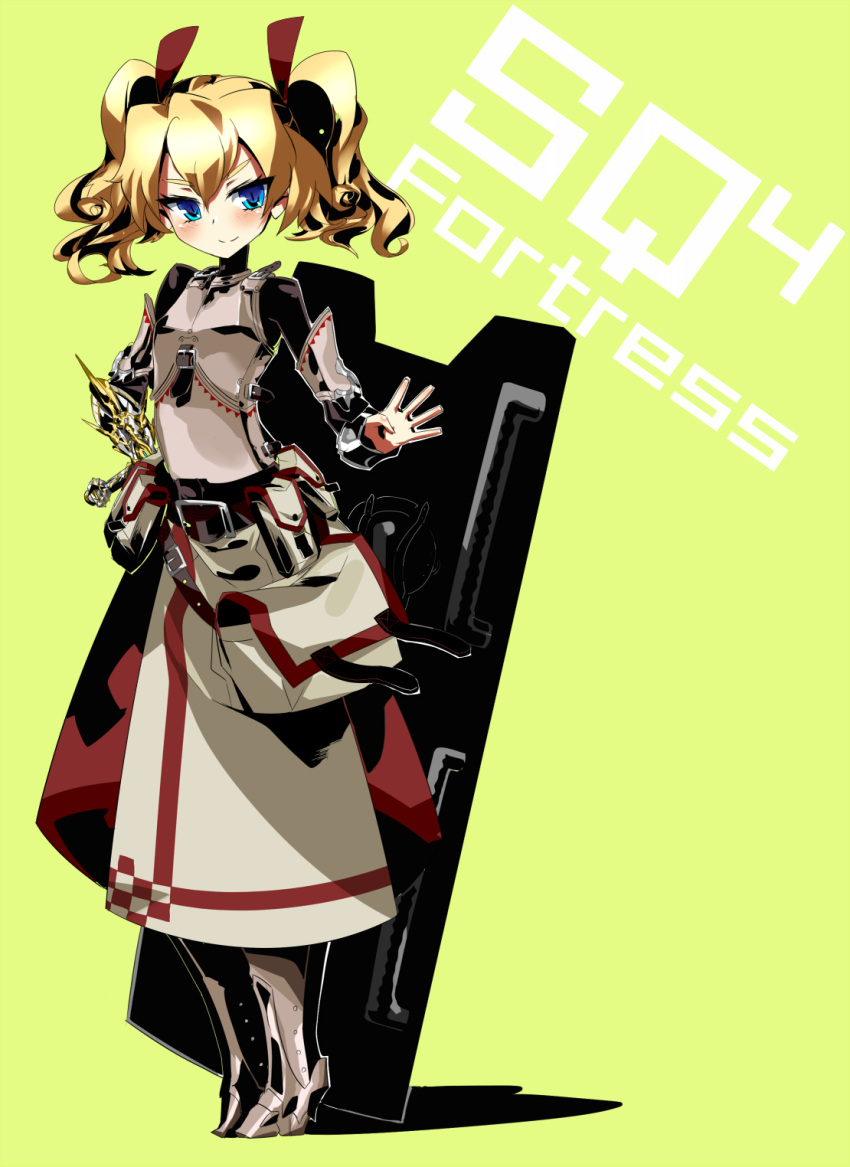 1girl armor bag blonde_hair blue_eyes blush character_name commentary_request dress fortress_(sekaiju) fortress_2_(sekaiju) greaves highres nadare-san_(nadare3nwm) sekaiju_no_meikyuu sekaiju_no_meikyuu_4 shield smile solo takamine_nadare twintails