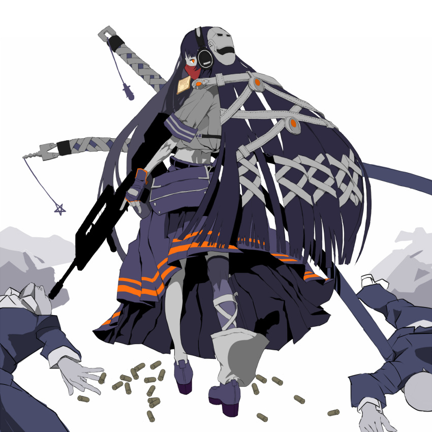 2boys assault_rifle bag bald bangs belt blunt_bangs bullpup covering covering_face death expressionless famas fingerless_gloves formal gloves gun hair_ornament headphones highres hone_shoukan katana loafers long_hair long_skirt looking_back lying mask mouth_hold multiple_boys original otacool profile rifle school_uniform serafuku shell_casing shoes short_sleeves shoulder_bag silhouette single_thighhigh skirt suit sword thigh-highs thighhighs toast toast_in_mouth trigger_discipline very_long_hair walking weapon