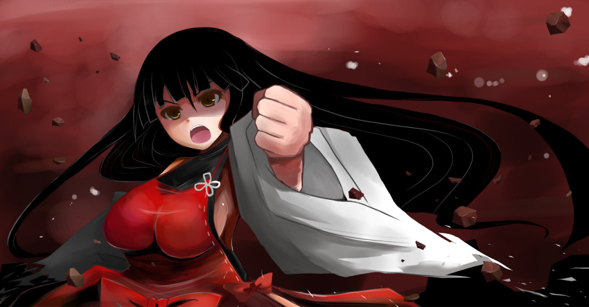 arano_oki bare_shoulders black_hair breasts clenched_fist clenched_hand clenched_hands detached_sleeves fighting_stance halterneck hime_cut japanese_clothes large_breasts long_hair m.u.g.e.n miko nontraditional_miko open_mouth original rock sendai_hakurei_no_miko sideboob solo torn_clothes touhou very_long_hair wide_sleeves yellow_eyes