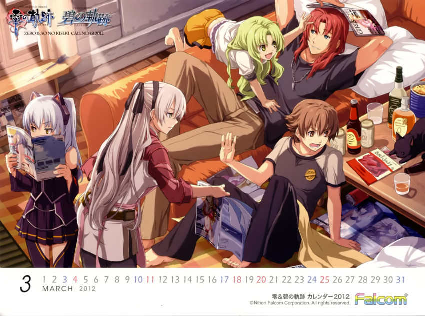 2boys 3girls :d animal_ears arms_up barefoot black_dress blanket blue_hair book bottle brown_hair calendar cat couch dress eiyuu_densetsu elie_macdowell enami_katsumi fake_animal_ears falcom glass green_hair half_updo height_difference highres indoors jewelry kea lloyd_bannings long_hair march multiple_boys multiple_girls necklace official_art open_mouth orange_dress pants pillow raglan_sleeves randy_orlando red_hair redhead shirt sitting skirt smile table tio_plato title_drop white_hair zero_no_kiseki