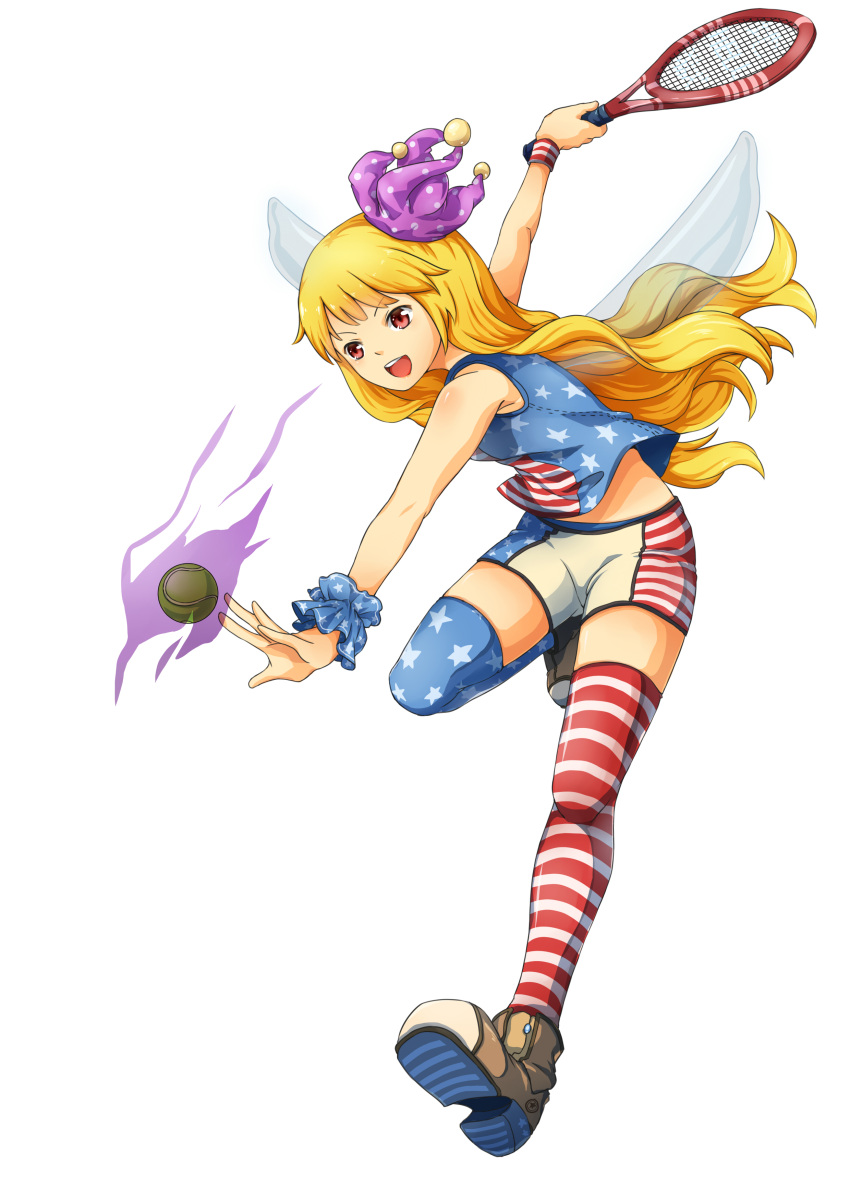 1girl absurdres action adapted_costume american_flag_legwear american_flag_shirt ball blonde_hair boots clownpiece fairy_wings flat_chest hat highres jester_cap long_hair open_mouth playing_sports racket red_eyes short_shorts shorts simple_background solo sport sportswear suo_niao taut_shorts teeth tennis tennis_ball tennis_racket tennis_uniform thighs touhou very_long_hair white_background wings